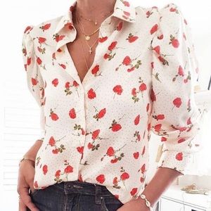 Zara White and Red Floral Button Down Shirt